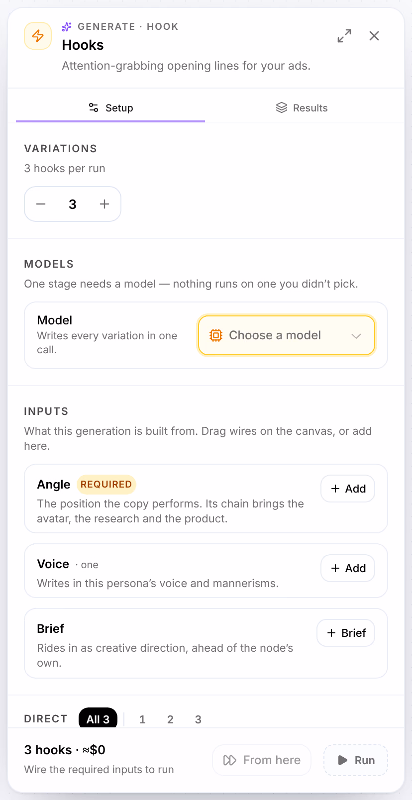 The Hooks card’s settings: Variations, 3 hooks per run; Models, with Choose a model; and Inputs, with Angle marked Required and Add