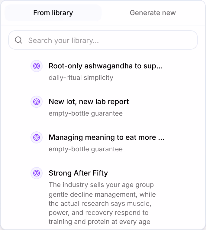 Add on the Angle input: From library and Generate new, a search of the Library, and the demo store’s angles