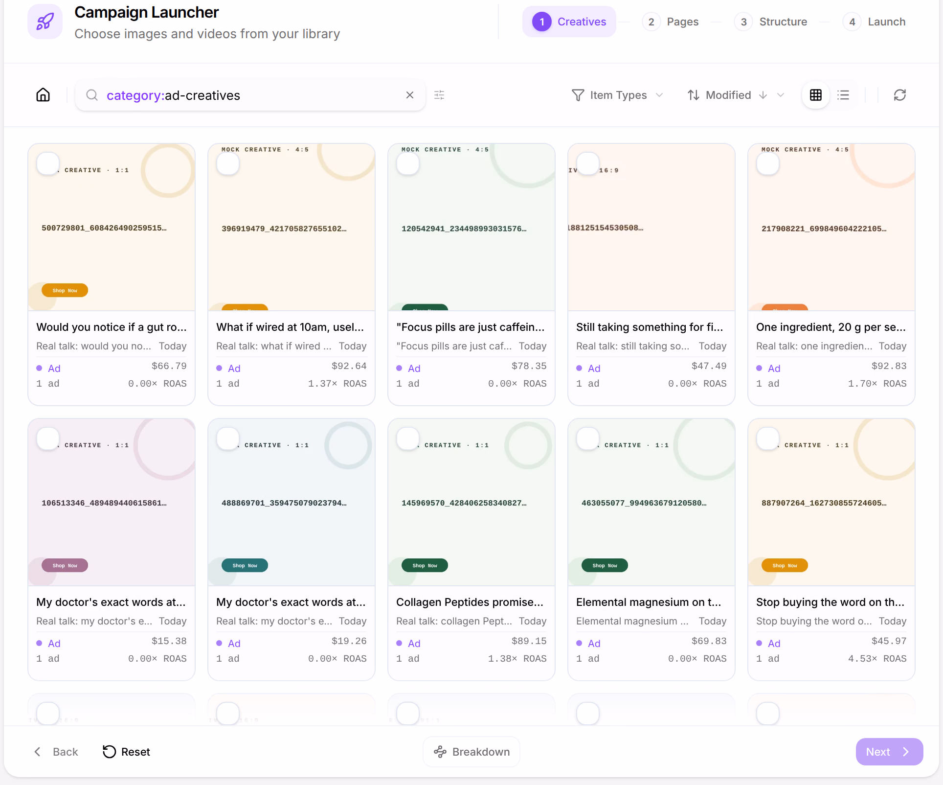 The Launcher’s first step, Creatives: Choose images and videos from your library, a grid of the store’s ad creatives, and Next