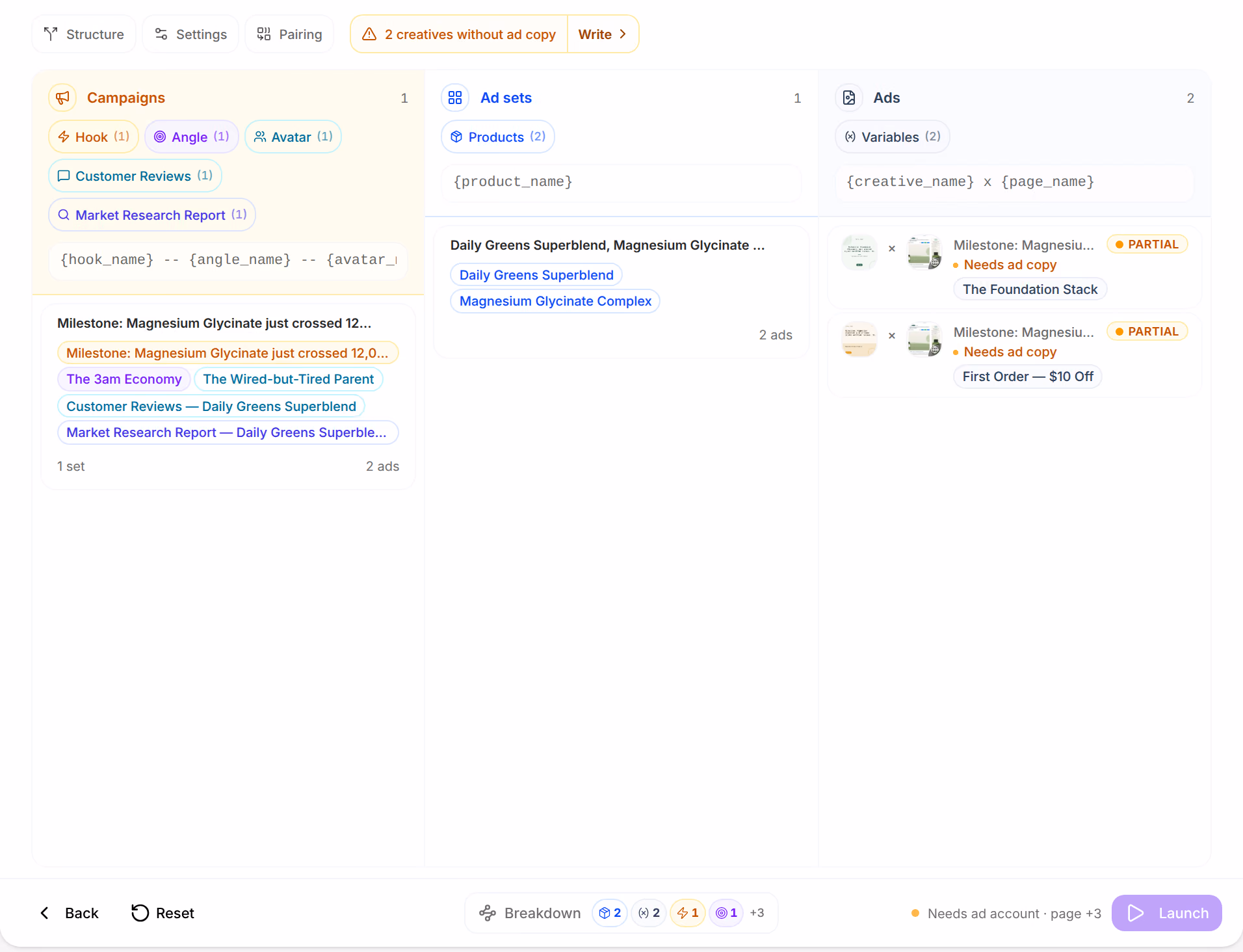 The Structure step: one campaign split by hook, angle and avatar, one ad set, and two ads, each a creative paired with the advertorial and marked Needs ad copy, above Launch and Needs ad account · page +3