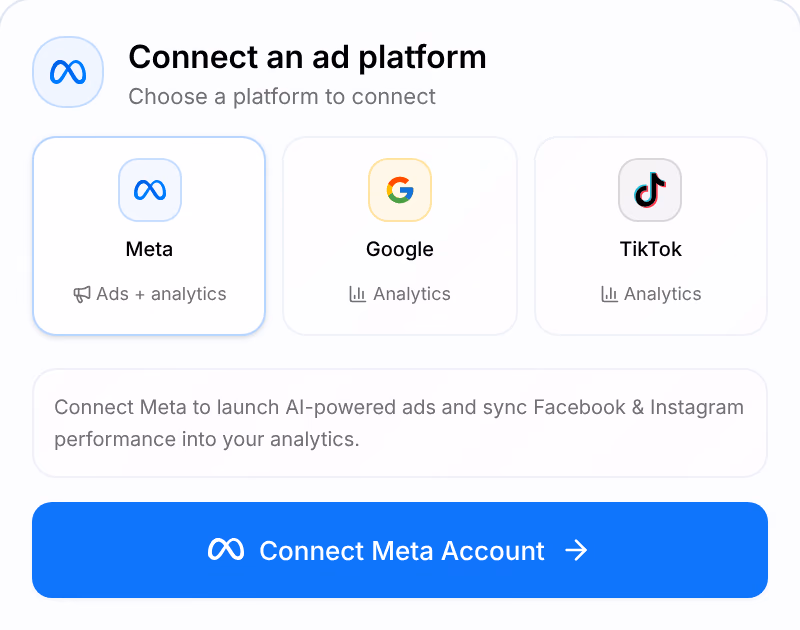 Connect ad platform: Meta for ads and analytics, Google and TikTok for analytics, the Connect Meta Account button, and Connected accounts
