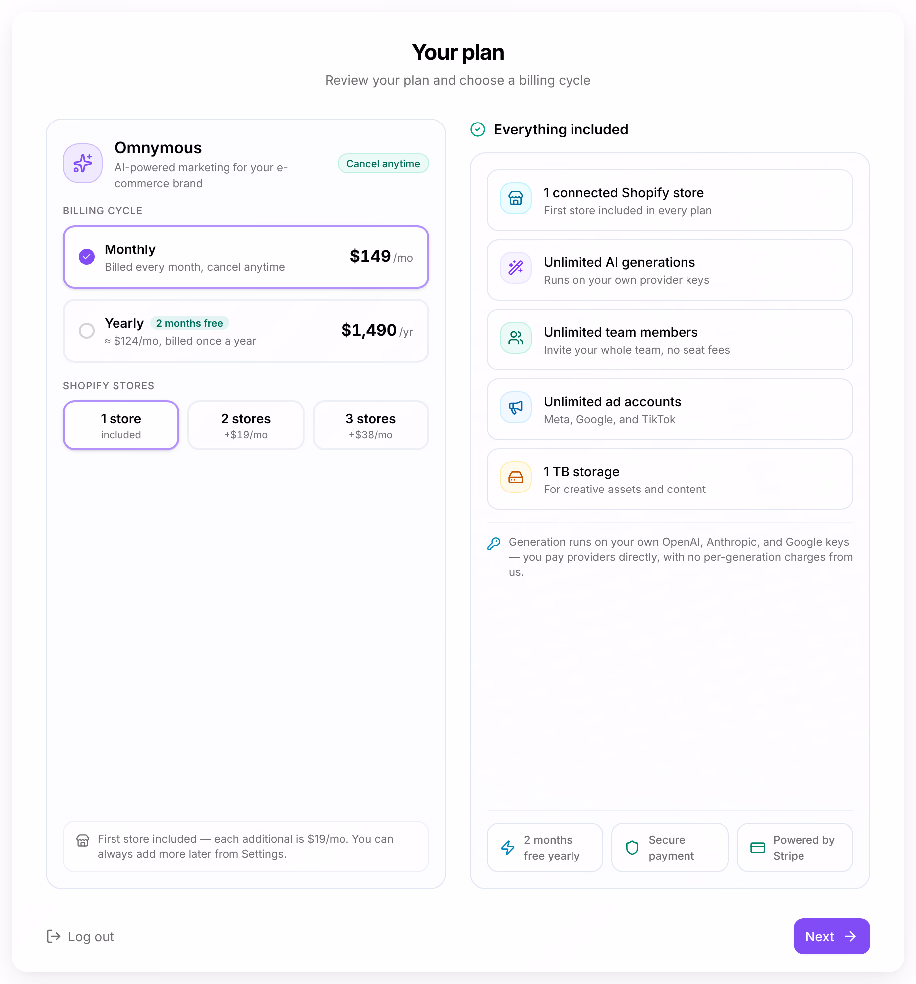 Setup’s first step, Your plan: the Monthly and Yearly billing cycles, one to three Shopify stores, and what every plan includes
