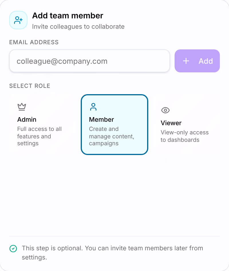 Invite team: the email field with Add, the Admin, Member and Viewer roles, Pending invitations, and Skip and Next