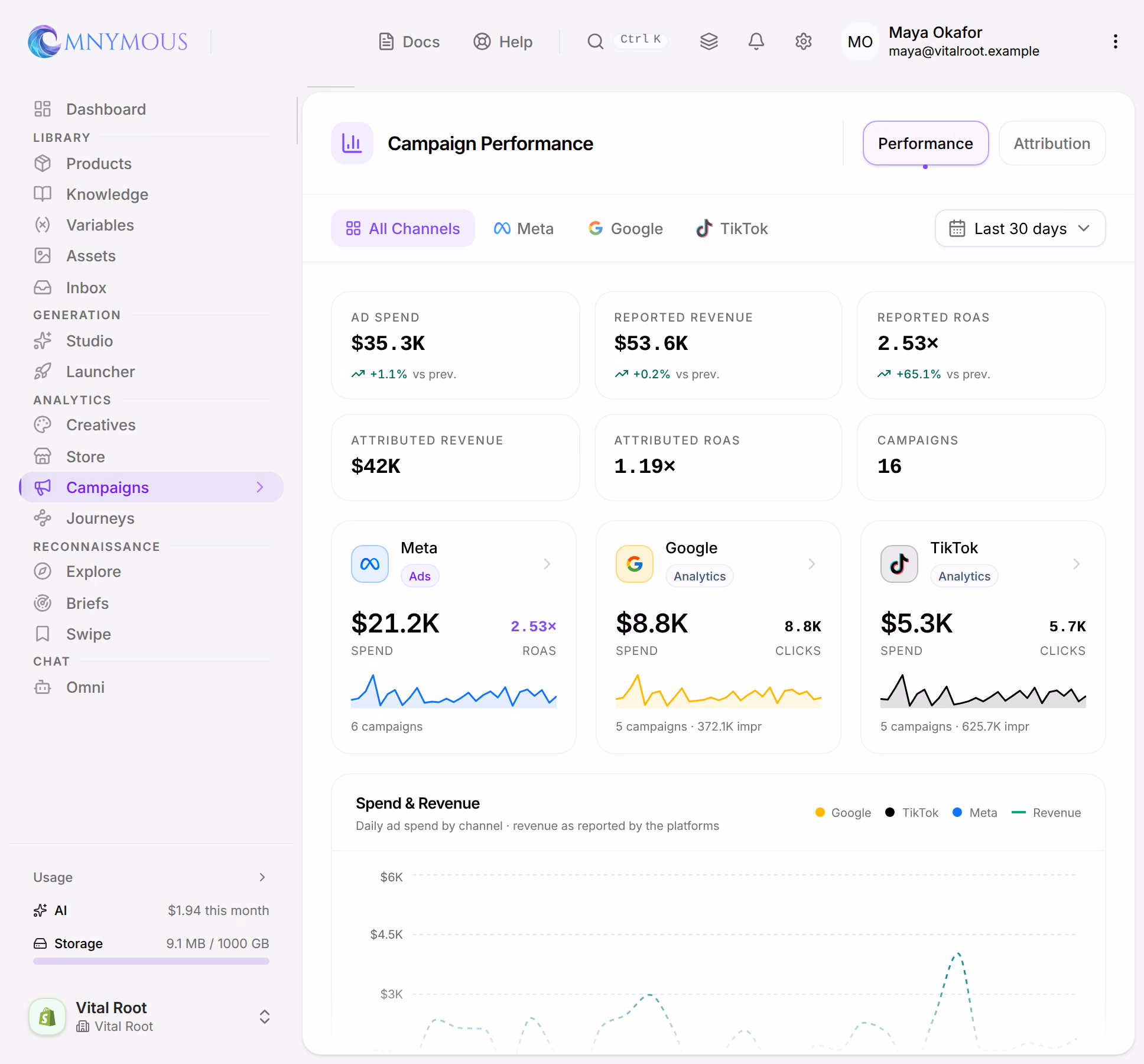 Analytics, Campaigns: Ad Spend, Reported Revenue and Reported ROAS above Attributed Revenue and Attributed ROAS, then Meta, Google and TikTok side by side