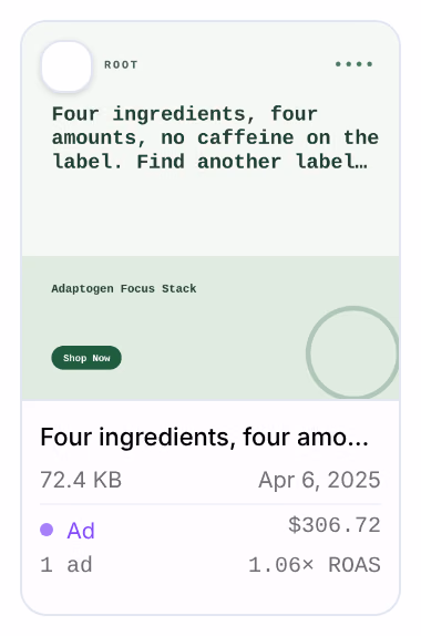 The card of a creative: its picture, Four ingredients, four amo…, 72.4 KB, Apr 6, 2025, then Ad, $306.72 of spend, 1 ad and a 1.06× ROAS