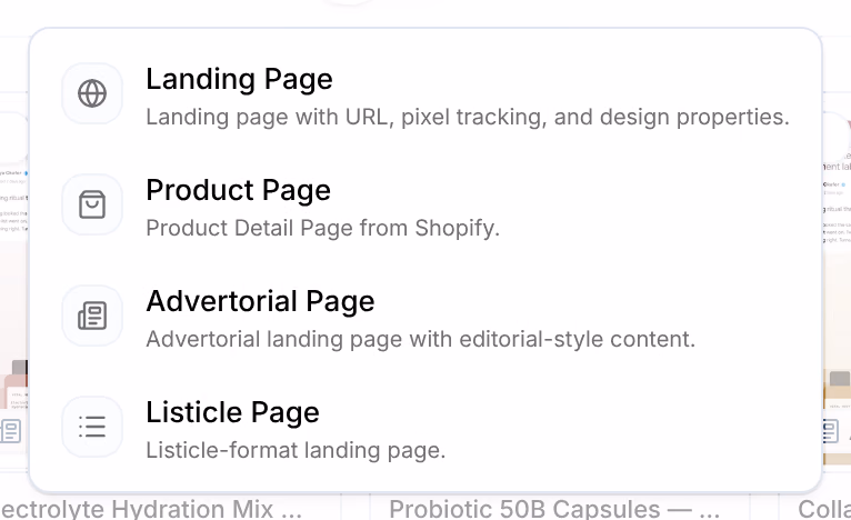 The Import menu on Pages: Landing Page, Product Page, Advertorial Page and Listicle Page, each with one line about it