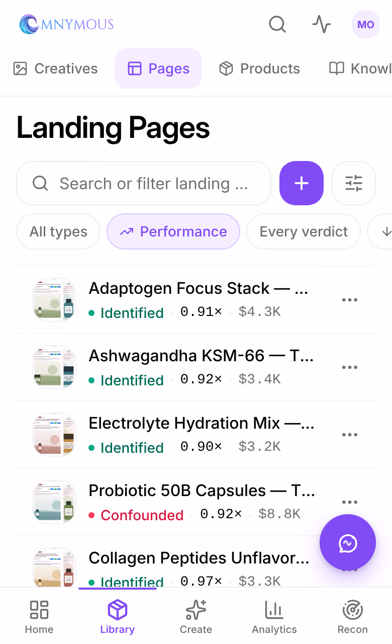 Assets on a phone, on Landing Pages: the tabs, the search, the add button, the All types, Performance and Every verdict chips, and the pages as rows with their verdicts