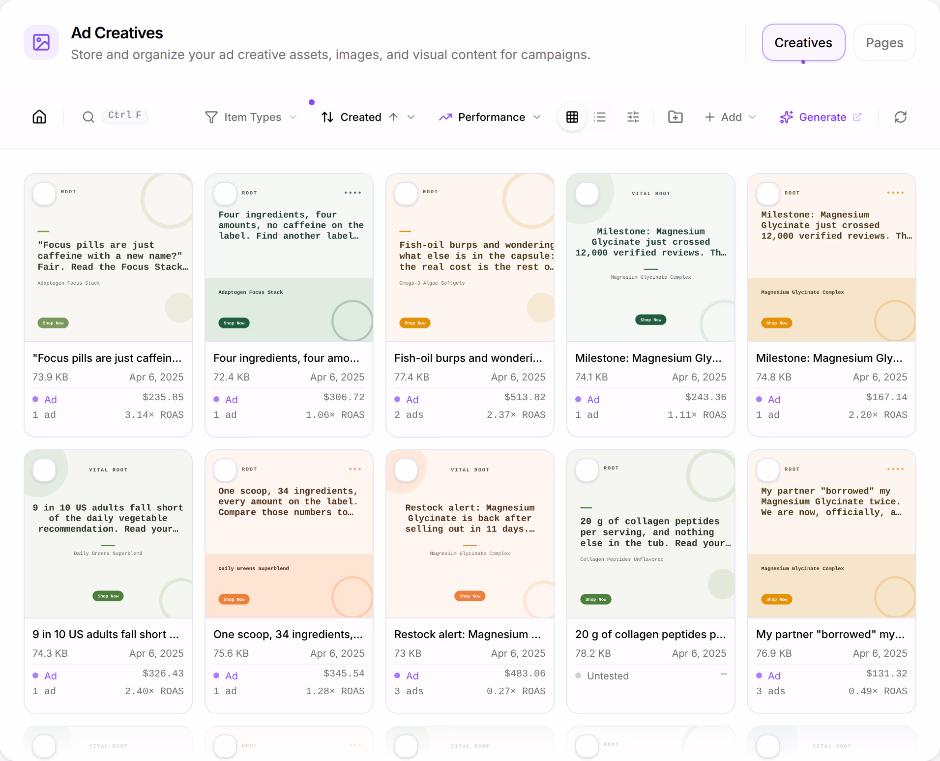 Assets on Ad Creatives, oldest first: Store and organize your ad creative assets, images, and visual content for campaigns, the Creatives and Pages buttons, the toolbar, and the demo store's creatives, each with Ad, its spend, its ads and its return