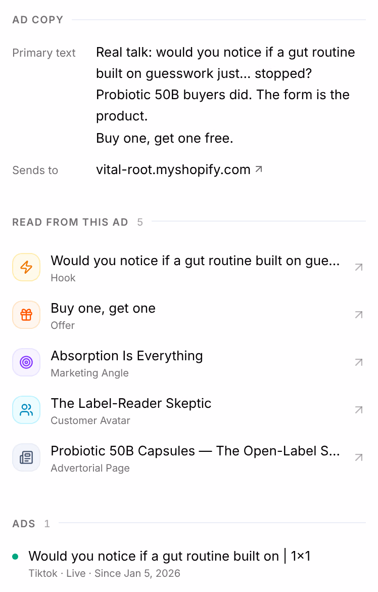 A creative from the store's ads: Ad copy with its primary text and the address it sends to, Read from this ad with its hook, offer, angle, avatar and page, and Ads with the one ad that runs it, live since Jan 5, 2026