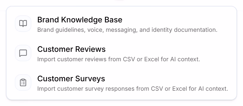 The Add menu on Brand: Brand Knowledge Base, Customer Reviews and Customer Surveys, each with one line about it