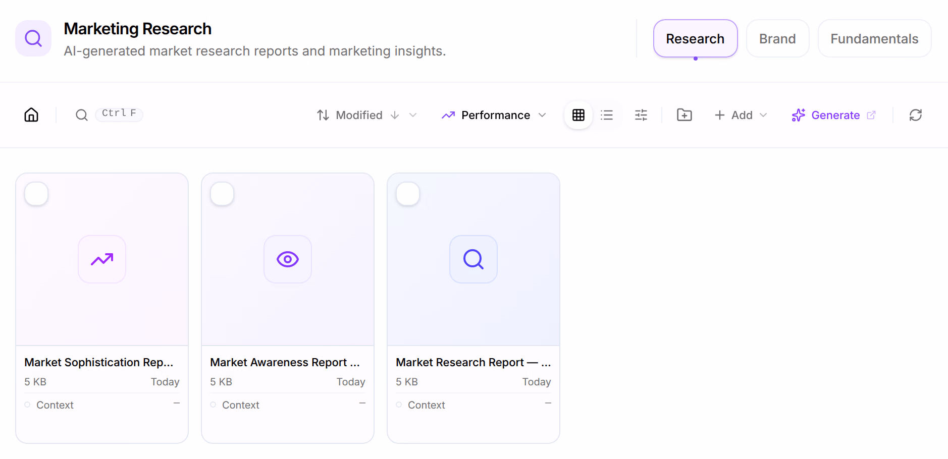 Knowledge on Marketing Research: AI-generated market research reports and marketing insights, the Research, Brand and Fundamentals buttons, and three reports of the demo store