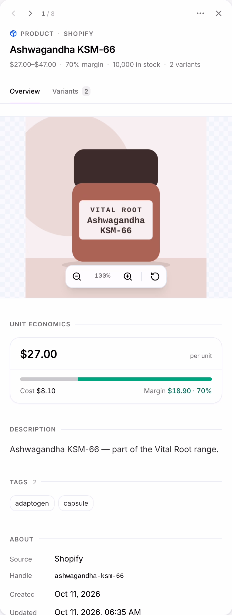 The panel of Ashwagandha KSM-66: Product · Shopify, $27.00–$47.00, 70% margin, 10,000 in stock, 2 variants, its picture, Unit economics with Cost $8.10 and Margin $18.90 · 70%, its description, its tags and About