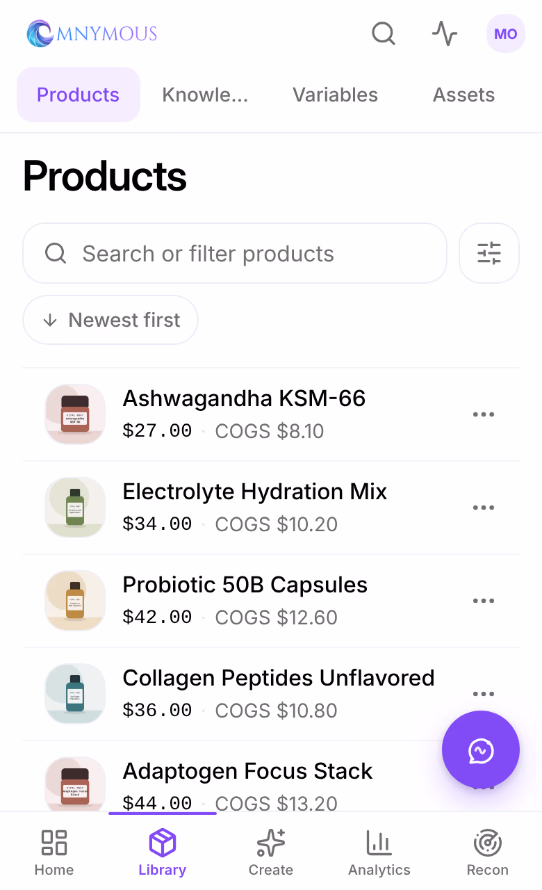 Products on a phone: the search, Newest first, and the products as rows, each with its picture, price and COGS