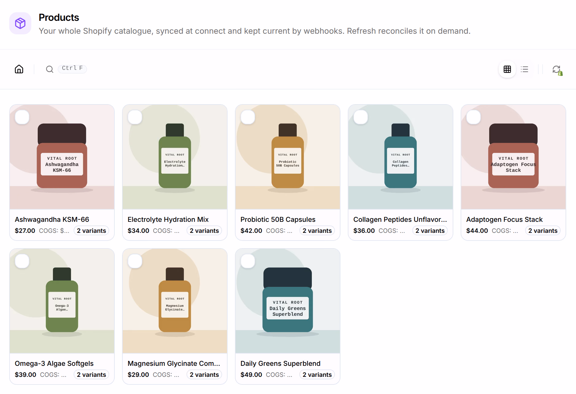 Products: Your whole Shopify catalogue, synced at connect and kept current by webhooks, and the demo store's eight products, each with its picture, price, cost and number of variants