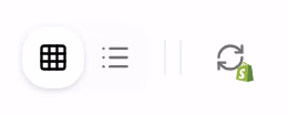 The right end of the Products toolbar: the grid and list switches, and the refresh button with the Shopify mark