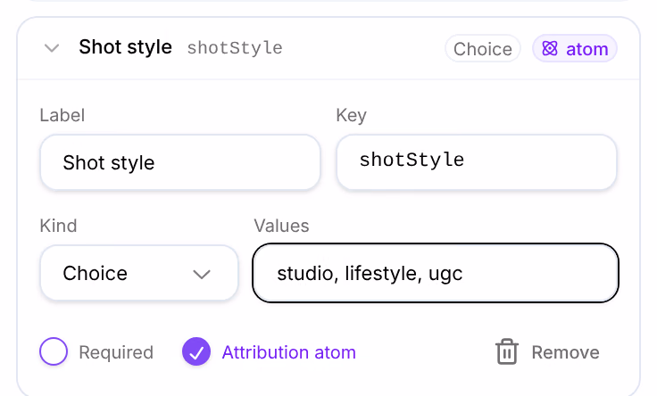 A new property card: Label Shot style, Key shotStyle, Kind Choice, Values studio, lifestyle, ugc, Required unticked and Attribution atom ticked