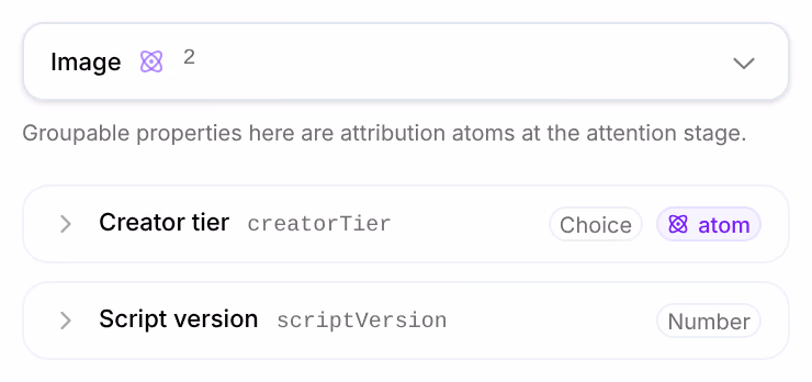The Image type in Properties with its two properties: Creator tier, a Choice marked atom, and Script version, a Number