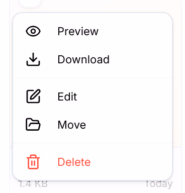 The menu of an offer's card: Preview, Download, Edit, Move, and Delete in red