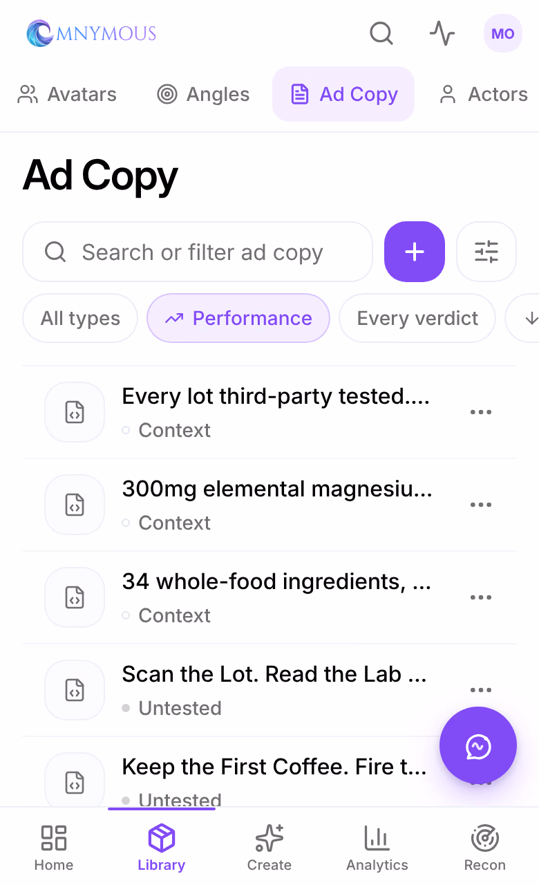 Variables on a phone, on Ad Copy: the search, the add button, the options button, the All types, Performance and Every verdict chips, and the ad copy as rows