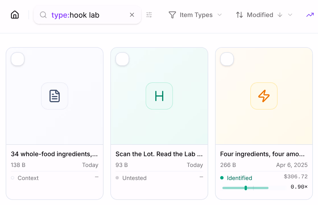 The search on Ad Copy with type:hook lab in it, type: in violet, and the first three cards that match