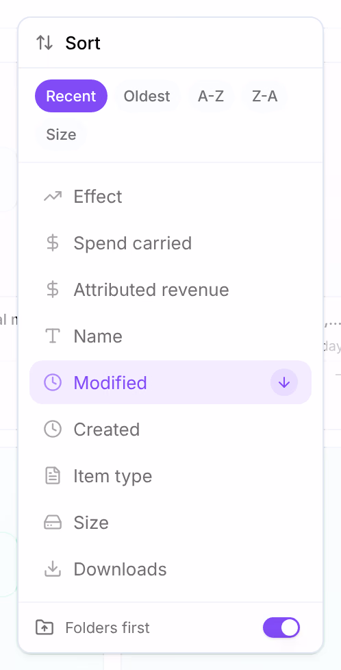 The sort menu: Recent, Oldest, A-Z, Z-A and Size, then Effect, Spend carried, Attributed revenue, Name, Modified with its arrow, Created, Item type, Size and Downloads, and Folders first, switched on