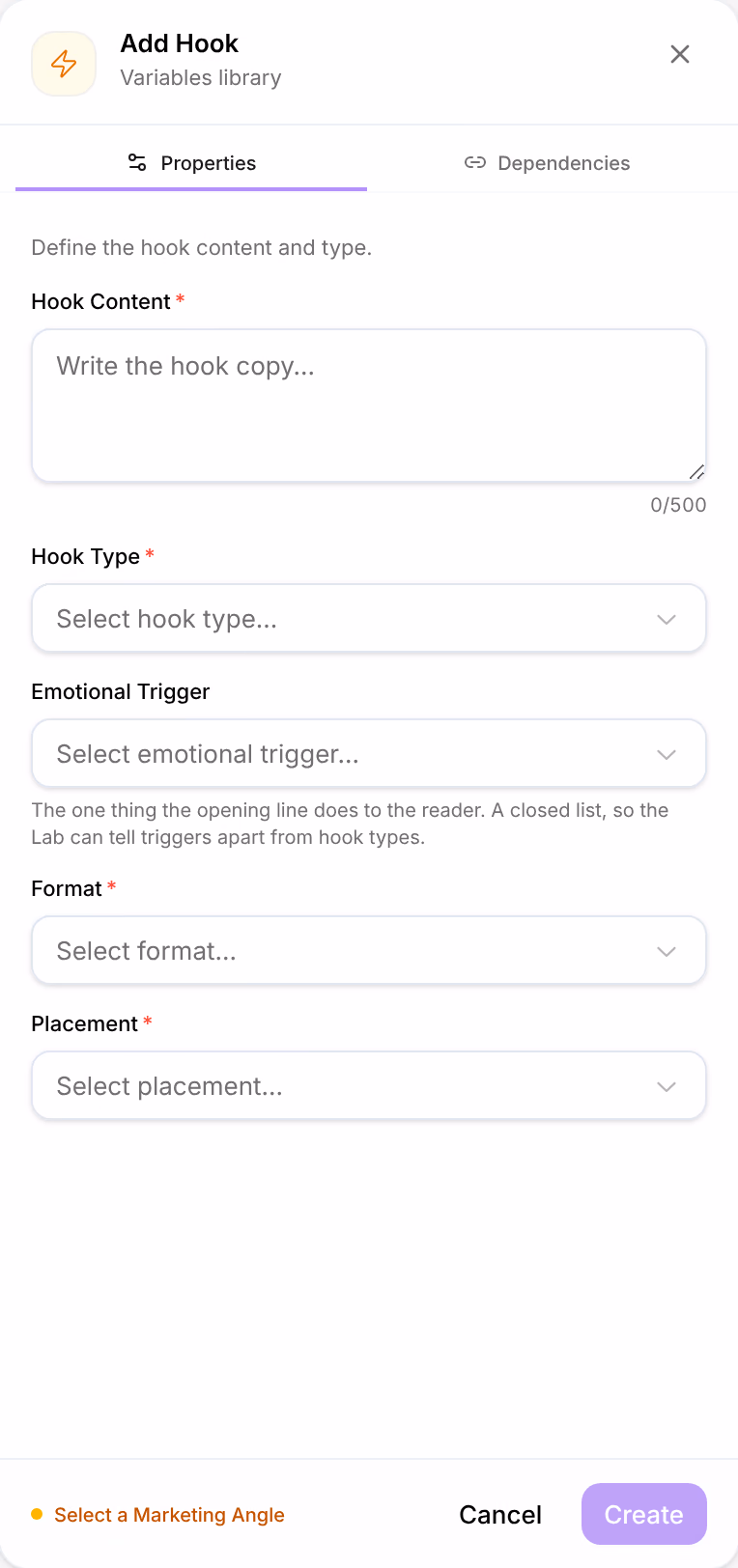 Add Hook: Hook Content, Hook Type, Emotional Trigger, Format and Placement, with Select a Marketing Angle beside Cancel and Create