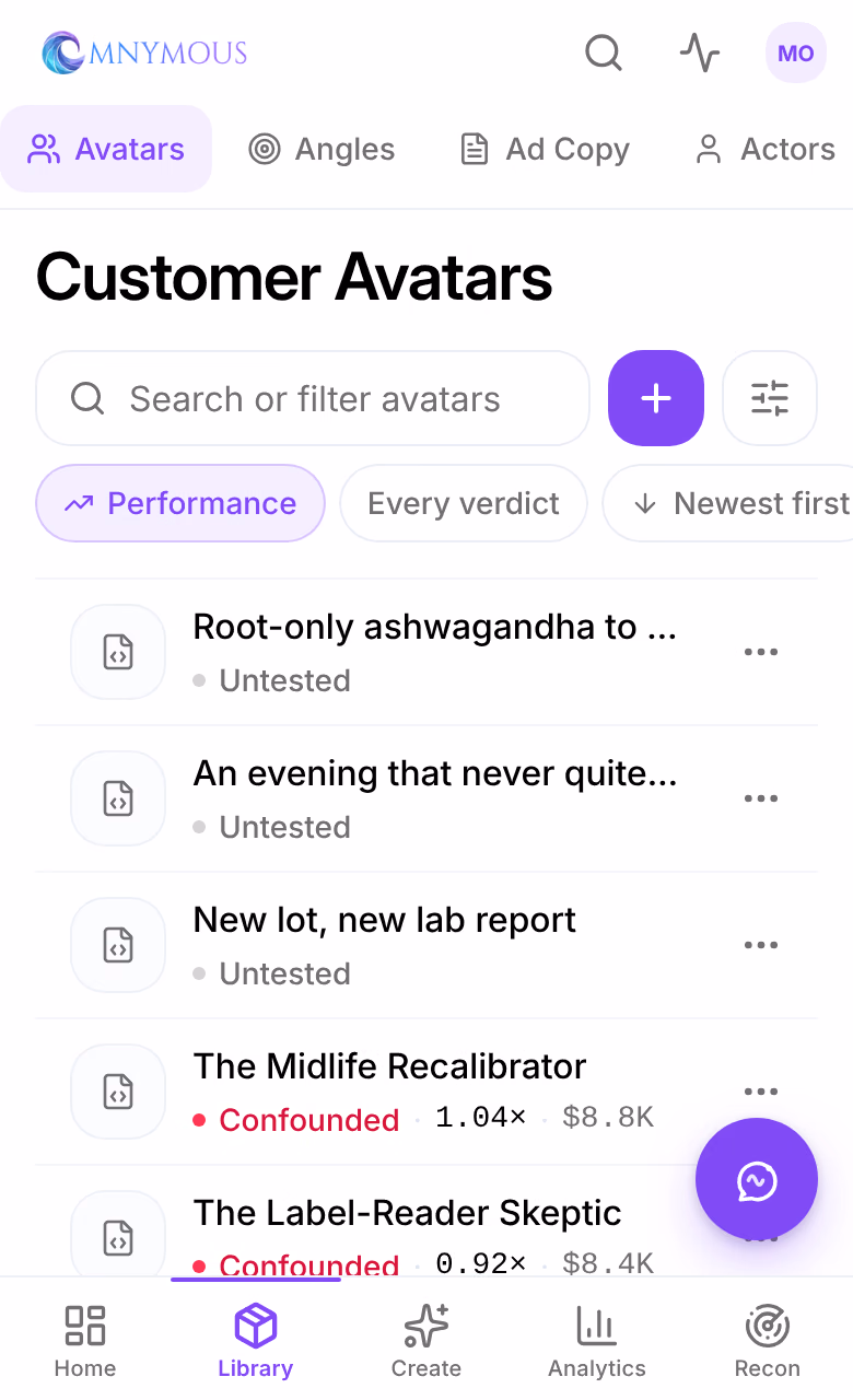Variables on a phone: Customer Avatars, the search, the add button, the Performance, Every verdict and Newest first chips, and the avatars as rows with their verdicts