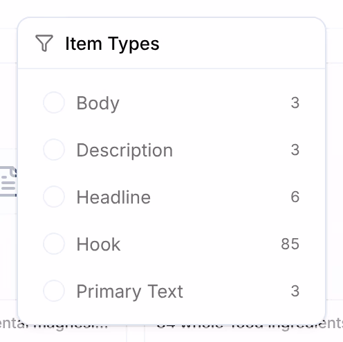 Item Types on Ad Copy: Body 3, Description 3, Headline 6, Hook 85 and Primary Text 3