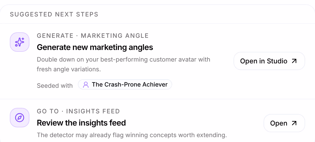 Suggested Next Steps: Generate new marketing angles, Seeded with The Crash-Prone Achiever, with Open in Studio; and Review the insights feed, with Open