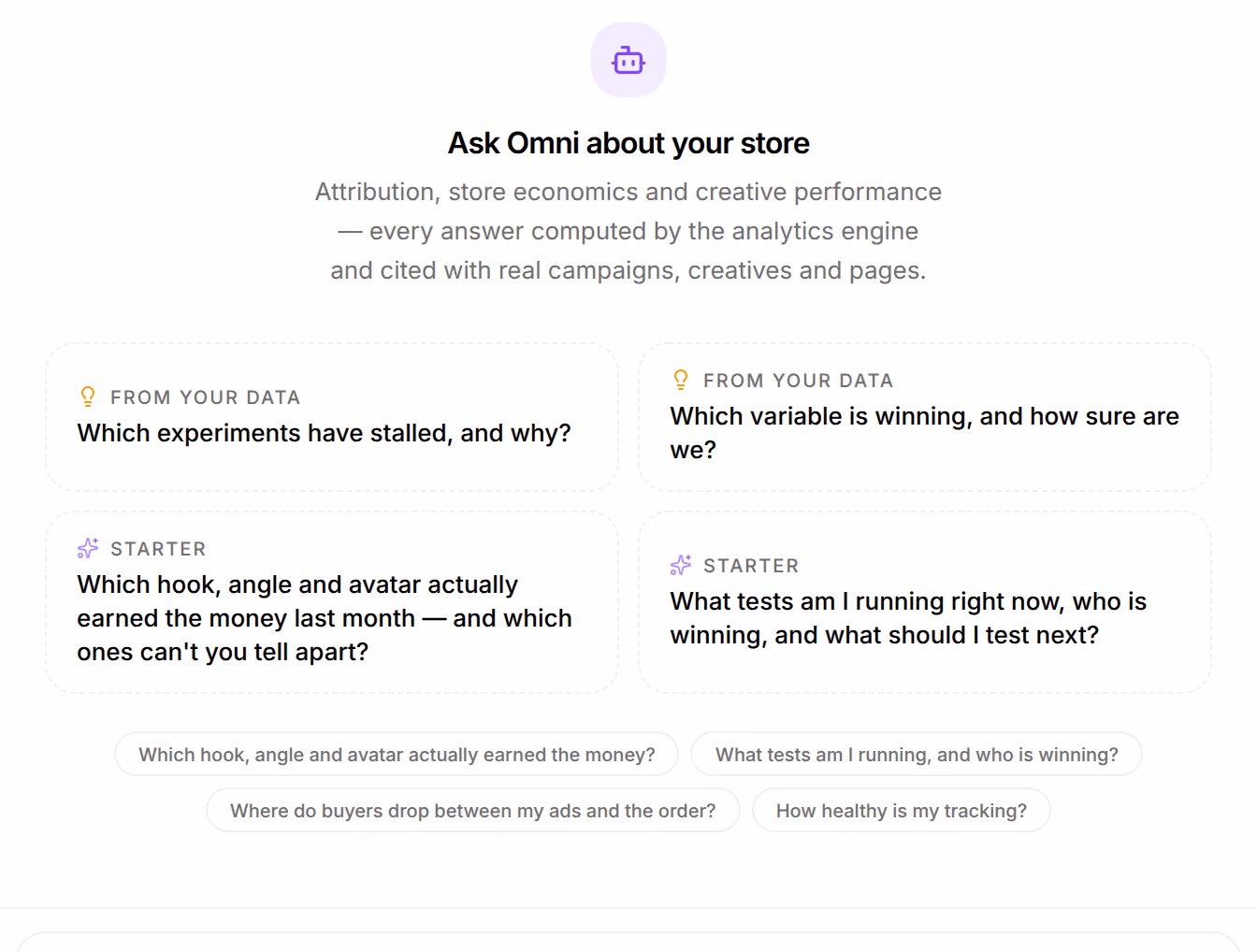 A new conversation: Ask Omni about your store, two questions marked From your data, two marked Starter, and four shorter questions under them