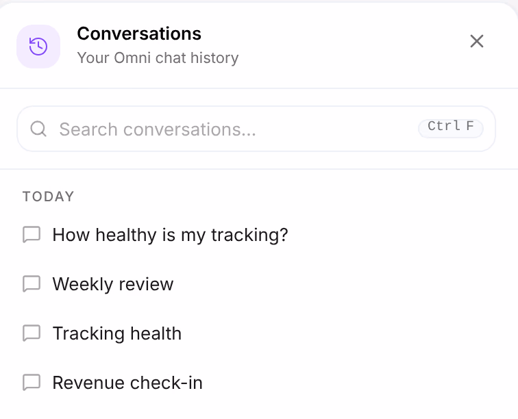 Conversations, Your Omni chat history: a search field, then today's conversations, How healthy is my tracking?, Weekly review, Tracking health and Revenue check-in