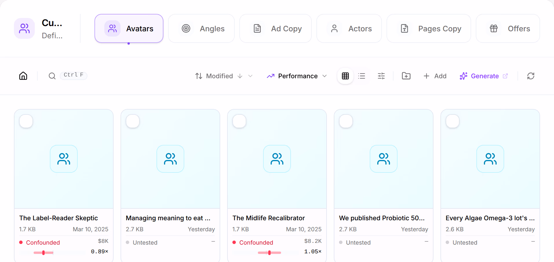 The Variables screen of the Library on its Avatars tab, with tabs for Angles, Ad Copy, Actors, Pages Copy and Offers