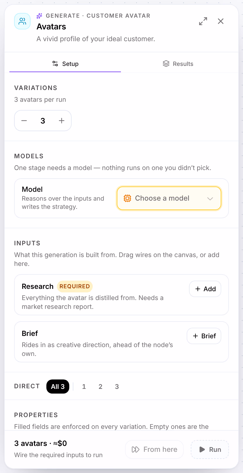 The Customer Avatar card's settings: Variations, 3 avatars per run; Models, with Choose a model; and Inputs, with Research marked Required, Everything the avatar is distilled from. Needs a market research report., and Brief
