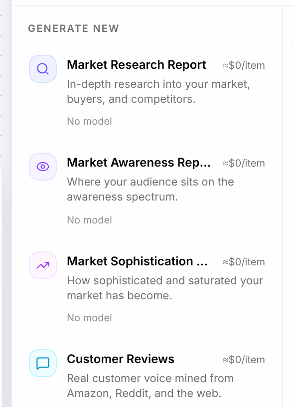 Studio's Research cards under Generate new: Market Research Report, Market Awareness Report, Market Sophistication Report and Customer Reviews, Real customer voice mined from Amazon, Reddit, and the web.