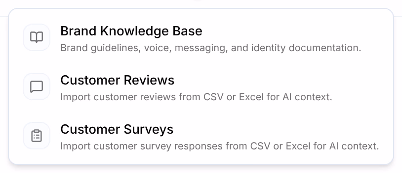 The Add menu of Brand Knowledge: Brand Knowledge Base, Customer Reviews, Import customer reviews from CSV or Excel for AI context., and Customer Surveys