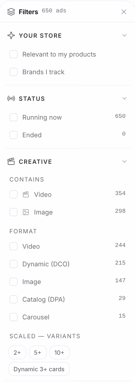 The filters: Your store with Relevant to my products and Brands I track, Status with Running now and Ended, and Creative with what an ad contains, its format and how many variants it has, each option with its count