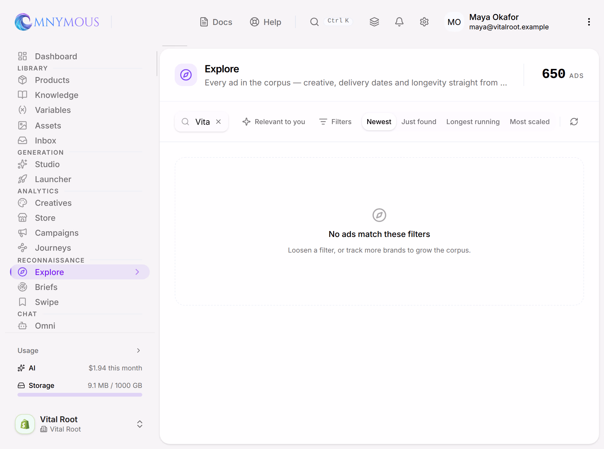 Explore with a search that matches nothing: the filters on the left, and the feed reading No ads match these filters, Loosen a filter, or track more brands to grow the corpus.