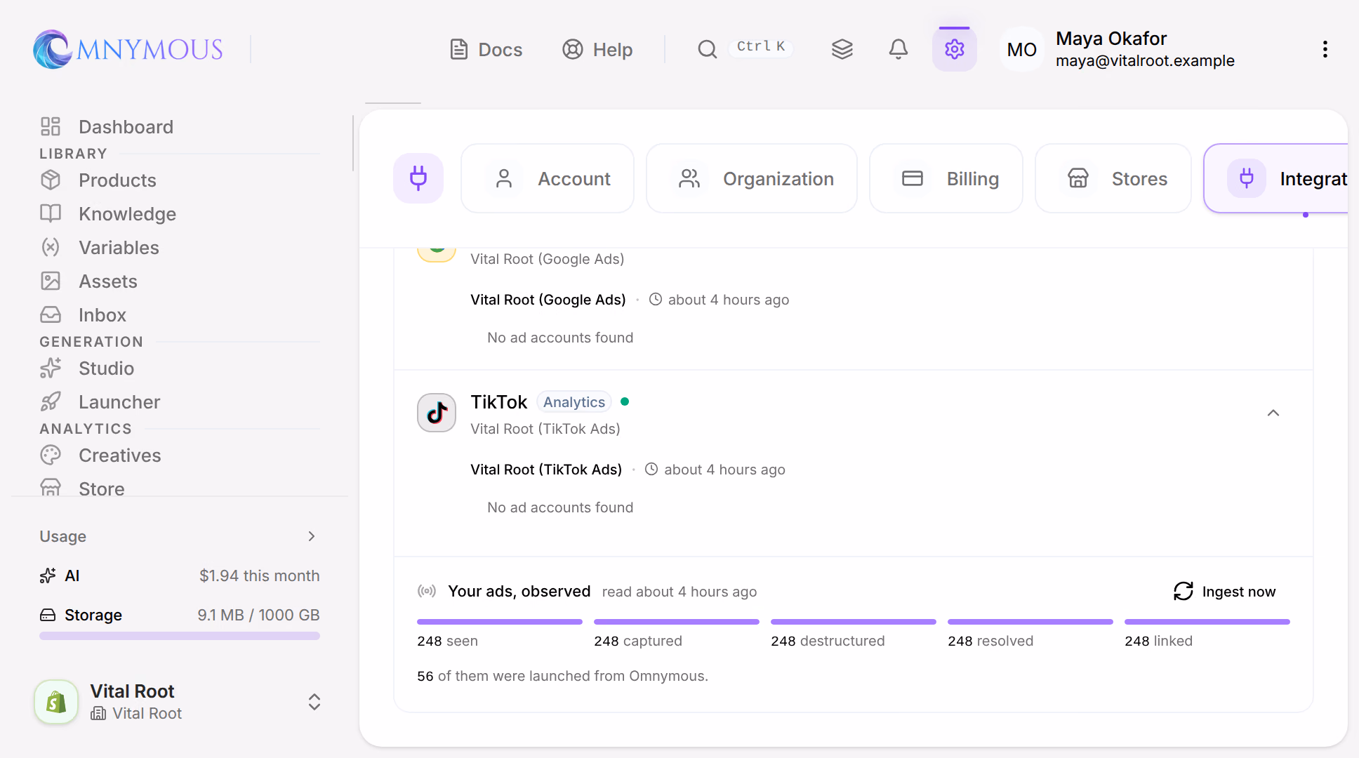 Settings, Integrations: Meta’s ad account Vital Root Ads with 248 ads read, Google and TikTok, and under them Your ads, observed: 248 seen, captured, destructured, resolved and linked, 56 of them launched from Omnymous, with Ingest now