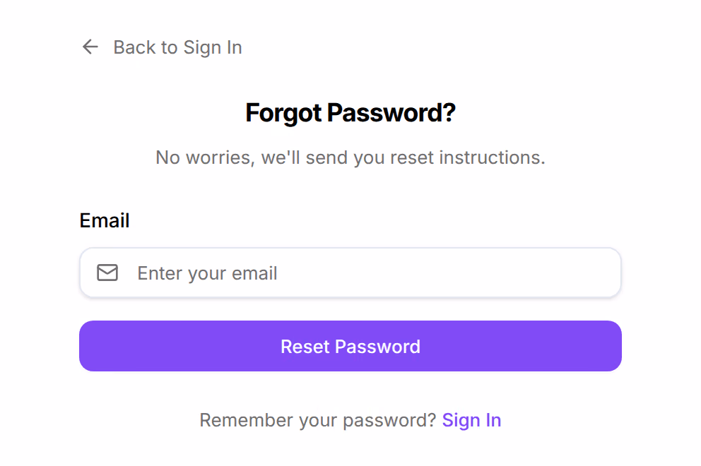 The reset password card with one field for the email address and a button to send the reset link