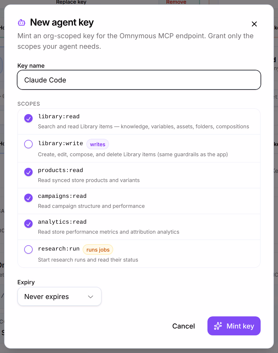 New agent key: Key name, then Scopes, library:read, products:read, campaigns:read and analytics:read ticked, library:write marked writes and research:run marked runs jobs not ticked, Expiry Never expires, and Mint key
