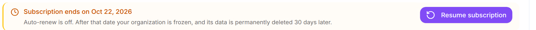 Your plan ends Oct 22, 2026. Auto-renew is off. After that your workspace is frozen, and its data is permanently deleted 30 days later, with Resume plan
