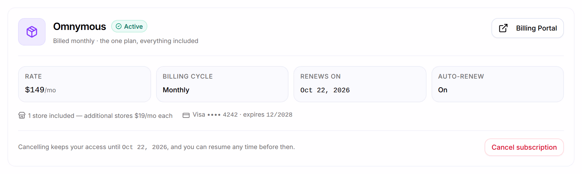 Billing: the Omnymous plan, Active, billed monthly, with Billing Portal; its Rate, Billing cycle Monthly, Renews on Oct 22, 2026 and Auto-renew On; 1 store included, the price of each additional store, and the Visa card ending 4242 that Stripe charges