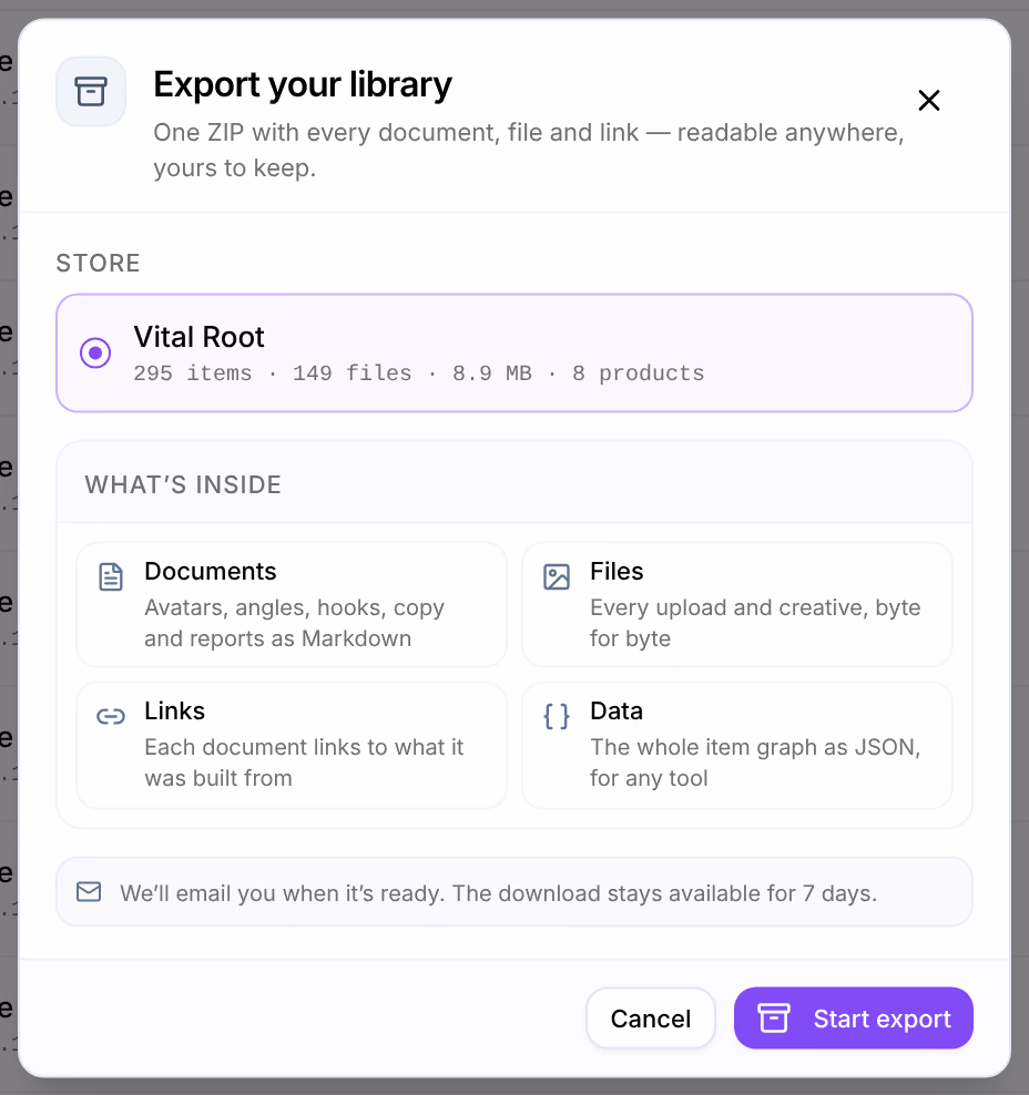 Export your library: One ZIP with every document, file and link, readable anywhere, yours to keep; the Store to export, what the ZIP holds, and Start export