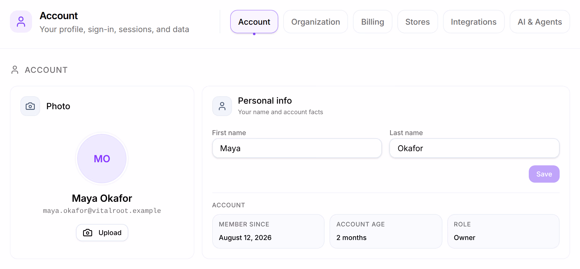 The settings, open on Account: the six tabs Account, Workspace, Billing, Stores, Integrations and AI & Agents, above Photo and Personal info