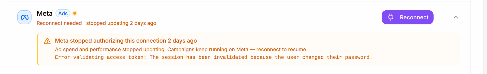 Meta’s row in Integrations: Reconnect needed, stopped updating 2 days ago, with Reconnect, and the notice that Meta stopped authorizing this connection