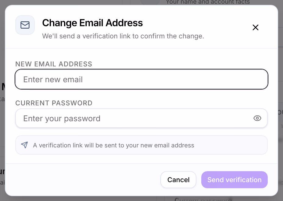 Change Email Address: New email address, Current password, A verification link will be sent to your new email address, and Send verification