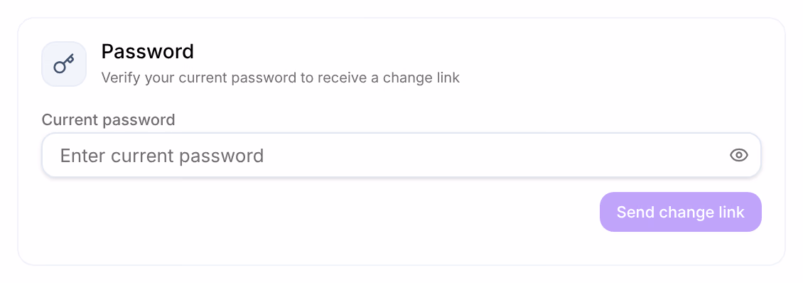 Password: Verify your current password to receive a change link, the Current password field, and Send change link