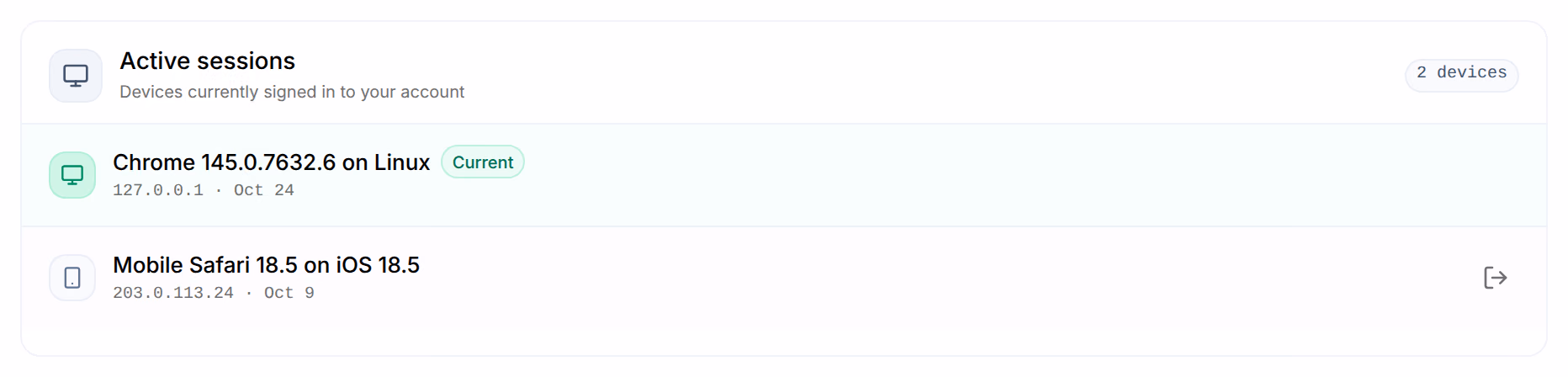 Active sessions, 2 devices: Chrome on Linux, marked Current, and Mobile Safari on iOS, signed in October 9, with its button to sign it out