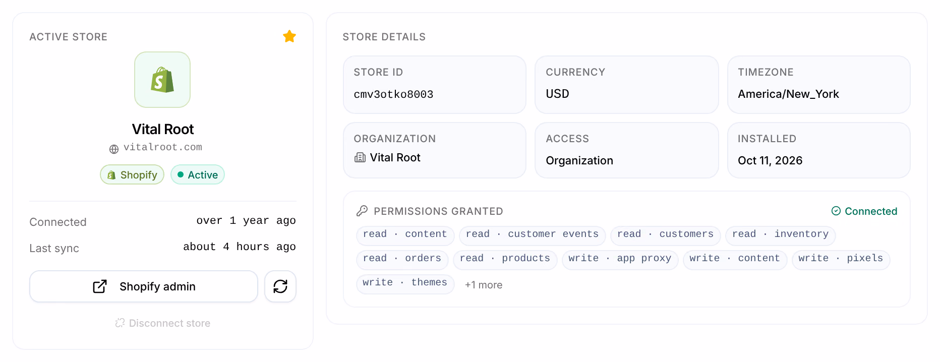 Stores: the active store Vital Root at vitalroot.com, Shopify, Active, with when it connected and last synced, Shopify admin and Disconnect store, above its store details