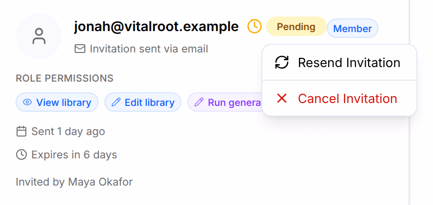A pending invitation to jonah@vitalroot.example, a Member, sent 1 day ago and expiring in 6 days, with its menu open: Resend invitation and Cancel invitation